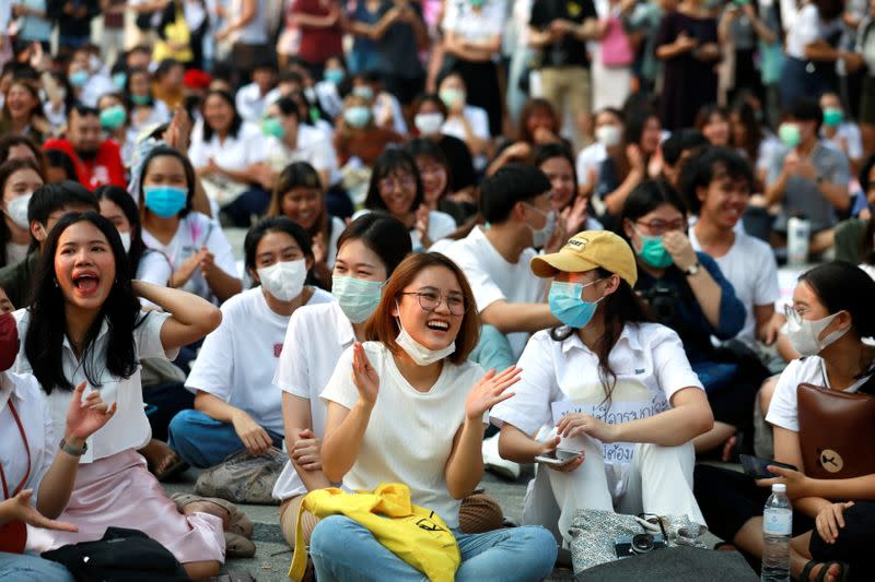 Thai students protest against a court's decision that dissolved the country's second largest opposition Future Forward party, less than a year after an election to end direct military rule, at Chulalongkorn University, in Bangkok