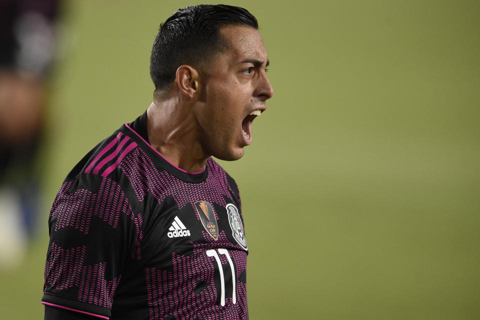 Jul 3, 2021; Los Angeles, CA, USA; Mexico forward Rogelio Funes Mori (11) celebrates after scoring a goal during the first half against Nigeria at the Los Angeles Memorial Coliseum. Mandatory Credit: Kelvin Kuo-USA TODAY Sports