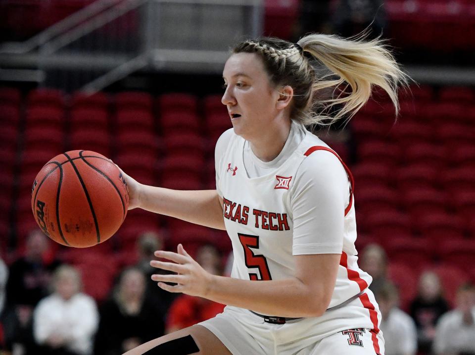 Texas Tech's guard Rhyle McKinney (5) dribbles the ball against Alabama State in a non-conference basketball game, Thursday, Dec. 1, 2022, at United Supermarkets Arena. 