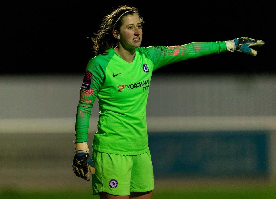 CHESHUNT, ENGLAND - DECEMBER 12: Lizzie Durack  of Chelsea Women on December 12, 2018 in Cheshunt, England. (Photo by Paul Harding/Getty Images)