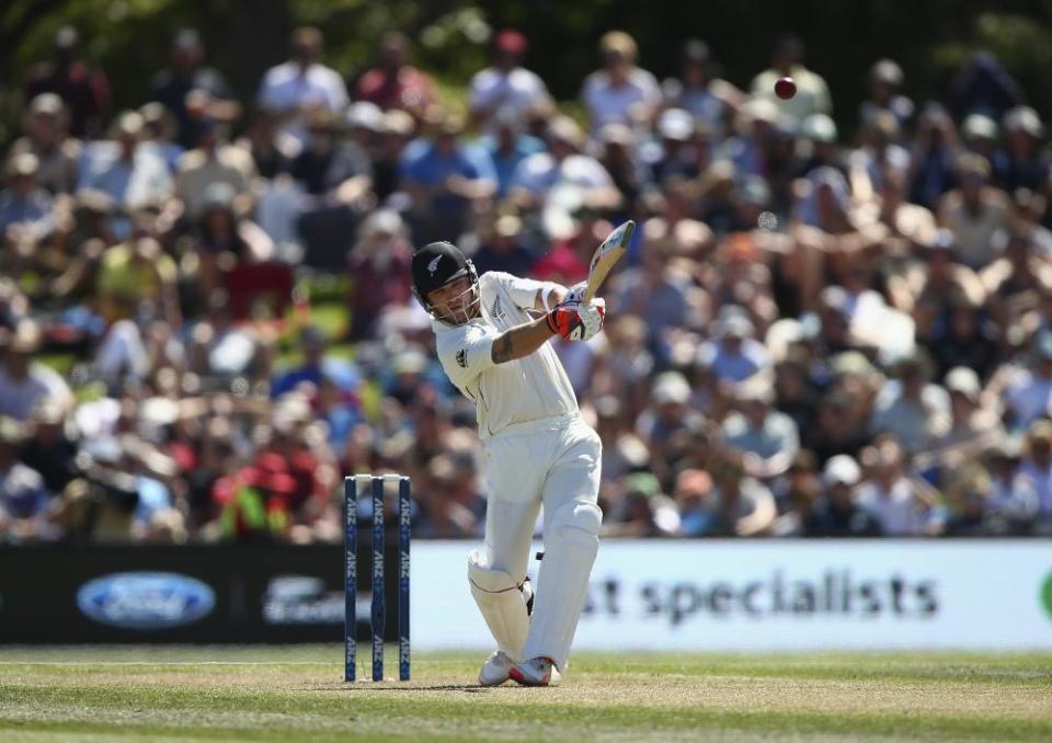 Brendon McCullum of New Zealand bats during day one of the Test match between New Zealand and Australia at Hagley Oval in February 2016