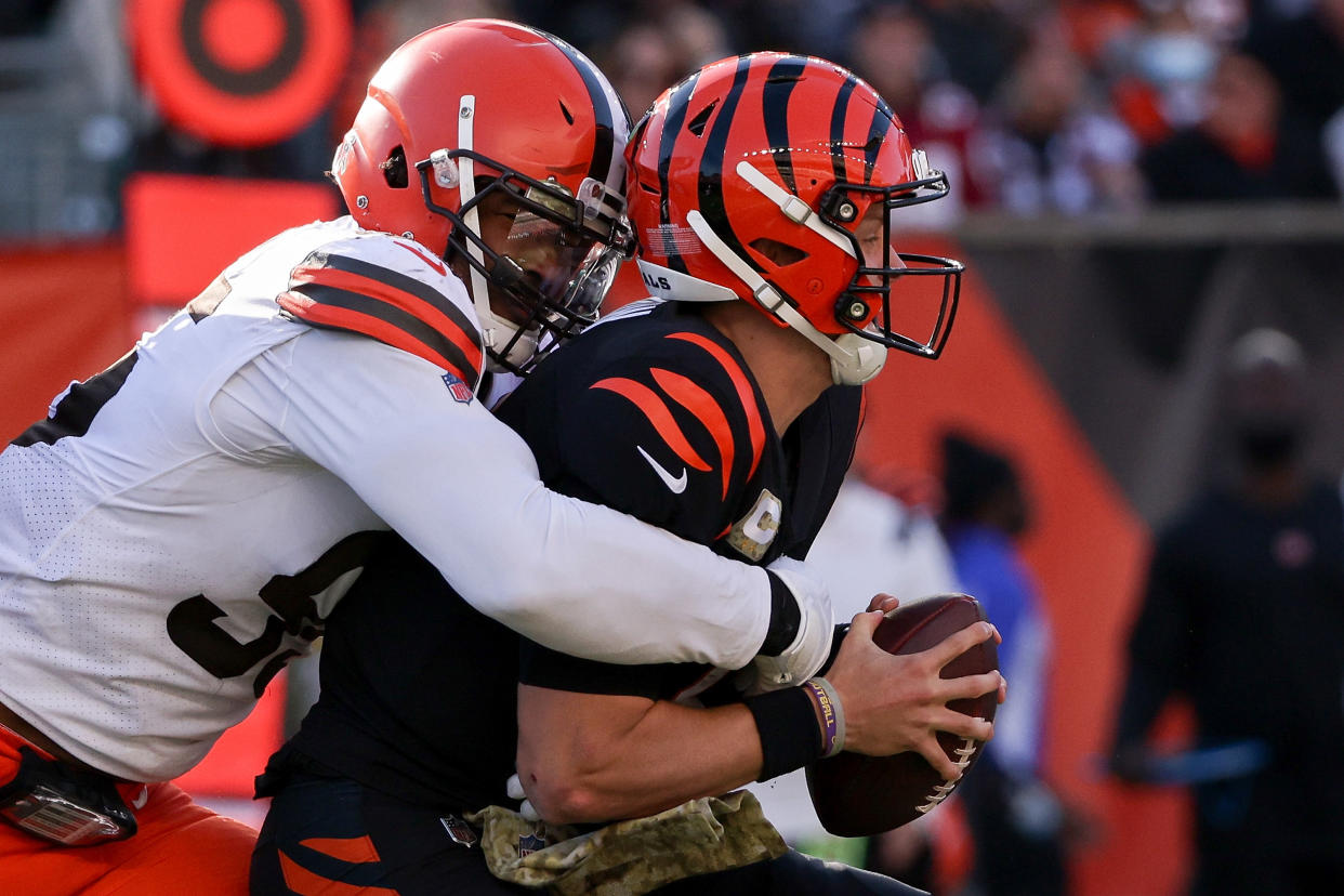 Joe Burrow leads the Cincinnati Bengals against Myles Garrett and the Cleveland Browns on Monday Night Football. (Photo by Dylan Buell/Getty Images)