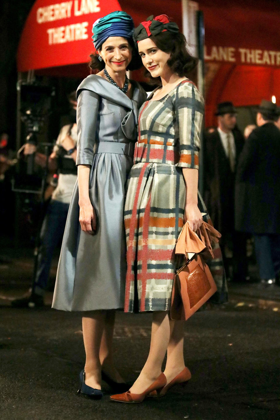 <p>Marin Hinkel, who plays Brosnahan's mother in the series, film a scene outside of Cherry Lane Theatre in N.Y.C. on May 27. </p>