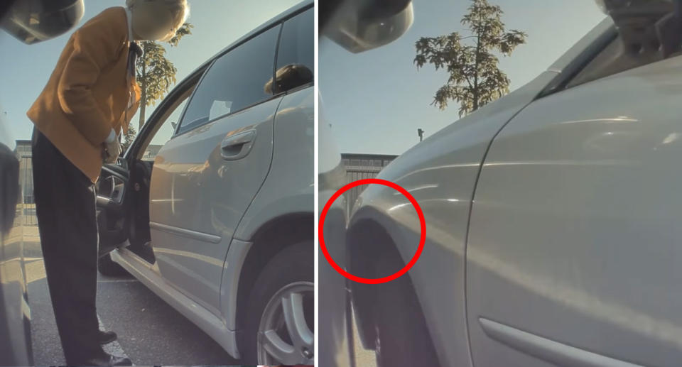 The dodgy car park was caught on camera (right), with the women seen inspecting the damage (left).