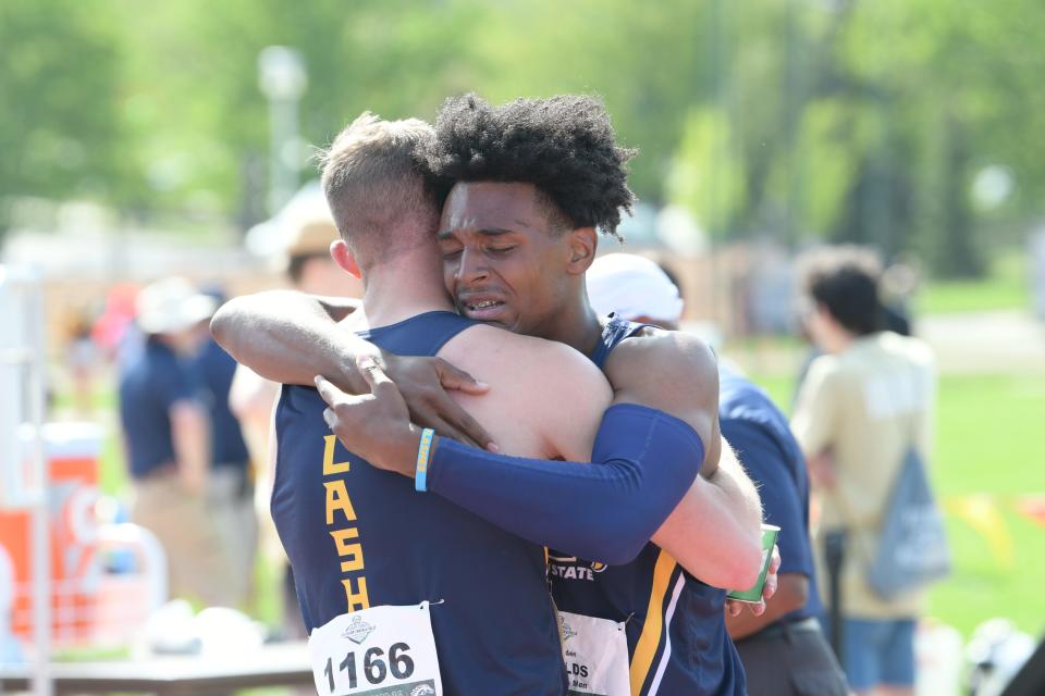 Sophomore Alexander Shields (right) and grad student Jacob Mally (left) both scored 16 points at the 2022 MAC Outdoor Track and Field Championships and went 1-2 in the decathlon, becoming the first teammates to score 7,000-plus points in the event at same MAC meet since 2015.