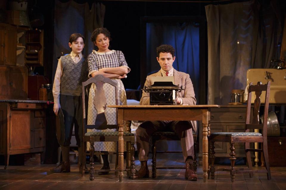 This image released by Lincoln Center Theater shows Matthew Schechter, from left, Mimi Lieber and Santino Fontana in a scene from "Act One," at the Vivian Beaumont Theater in New York. (AP Photo/Lincoln Center Theater, Joan Marcus)