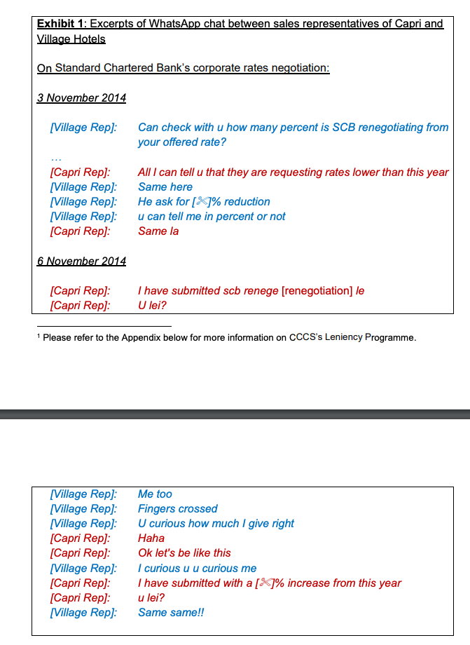 (Excerpts of WhatsApp conversations between sales representatives of Capri and Village Hotels. (SCREENSHOT: CCCS)
