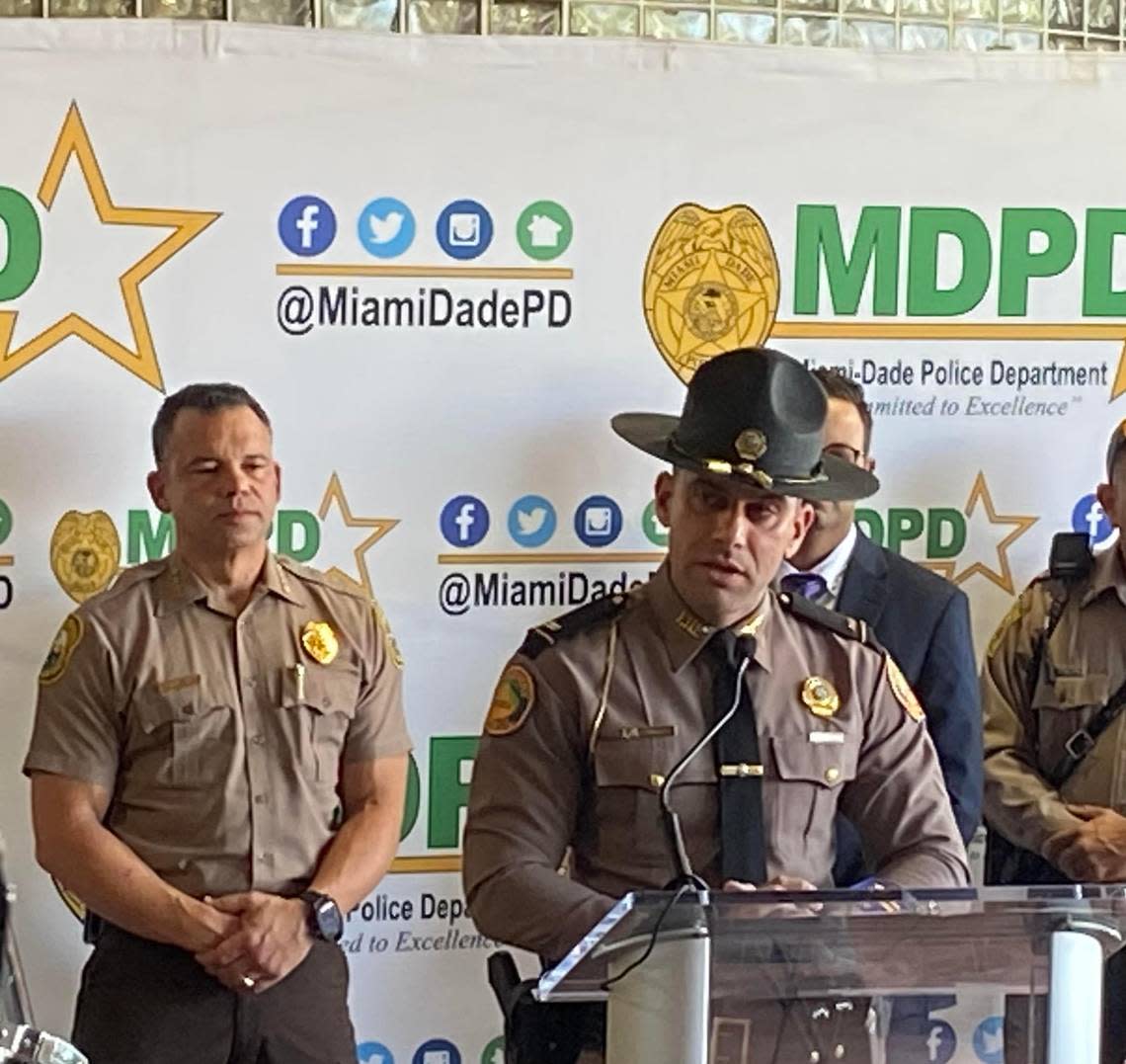 Florida Highway Patrol Lt. Alejandro Camacho speaks to reporters from Miami-Dade County Police Department’s headquarters in Doral Friday, Jan. 13, 2022, about an increased law enforcement presence to patrol for reckless ATV, dirt bike and motorcycle riders over the Martin Luther King Jr. holiday weekend.