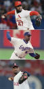 FILE - Top, in a 1993 file photo, St. Louis Cardinals reliever Lee Smith pitches in St. Louis. Middle, in an April 6, 1997, file photo, Montreal Expos' Lee Smith pitching against Colorado in Montreal. Bottom, in a Sept. 12, 1995, file photo, California Angels pitcher Lee Smith delivers against the Chicago White Sox during the eighth inning of the game in Anaheim, Calif. Lee Smith will be inducted into the Baseball Hall of Fame on Sunday, July 21, 2019. (AP Photo/File)