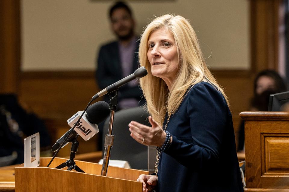 Senator Kristin Corrado speaks during a ceremony to swear in Nadia Kahf (not shown) as judge of the New Jersey Superior Court during a ceremony in Paterson on Tuesday, March 21, 2023.