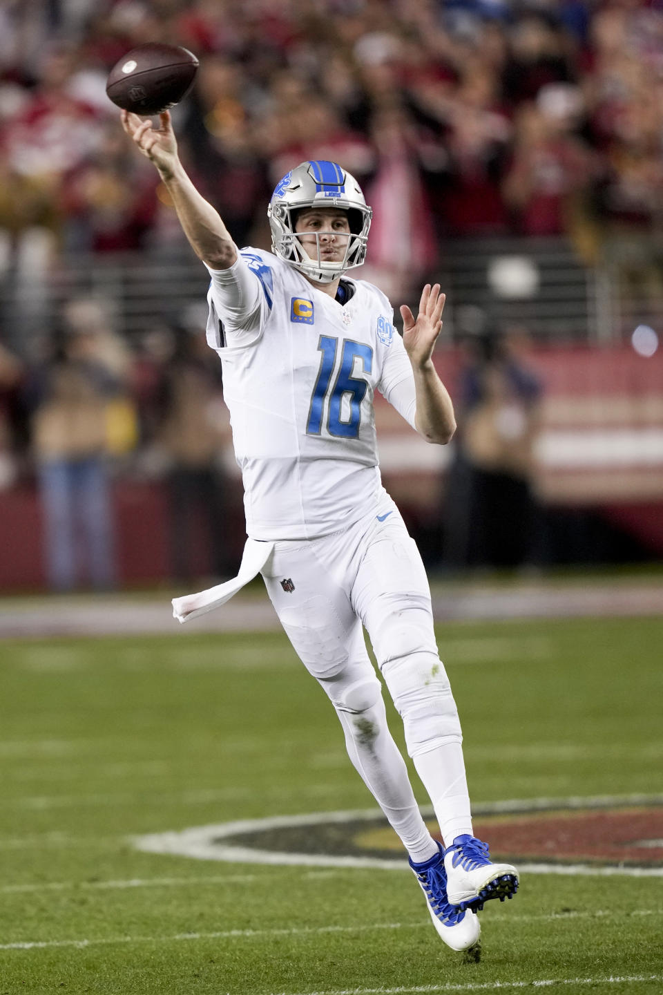 Detroit Lions quarterback Jared Goff passes against the San Francisco 49ers during the second half of the NFC Championship NFL football game in Santa Clara, Calif., Sunday, Jan. 28, 2024. (AP Photo/David J. Phillip)