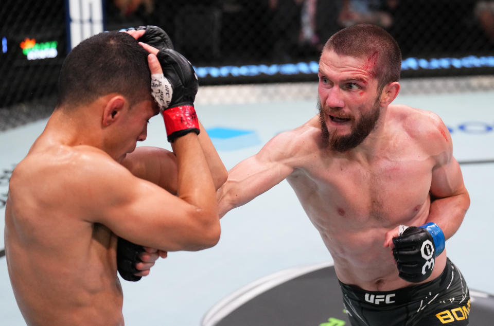 LAS VEGAS, NEVADA – JUNE 17: (R-L) Denys Bondar of Ukraine punches Carlos Hernandez in a flyweight fight during the UFC Fight Night event at UFC APEX on June 17, 2023 in Las Vegas, Nevada. (Photo by Chris Unger/Zuffa LLC via Getty Images)