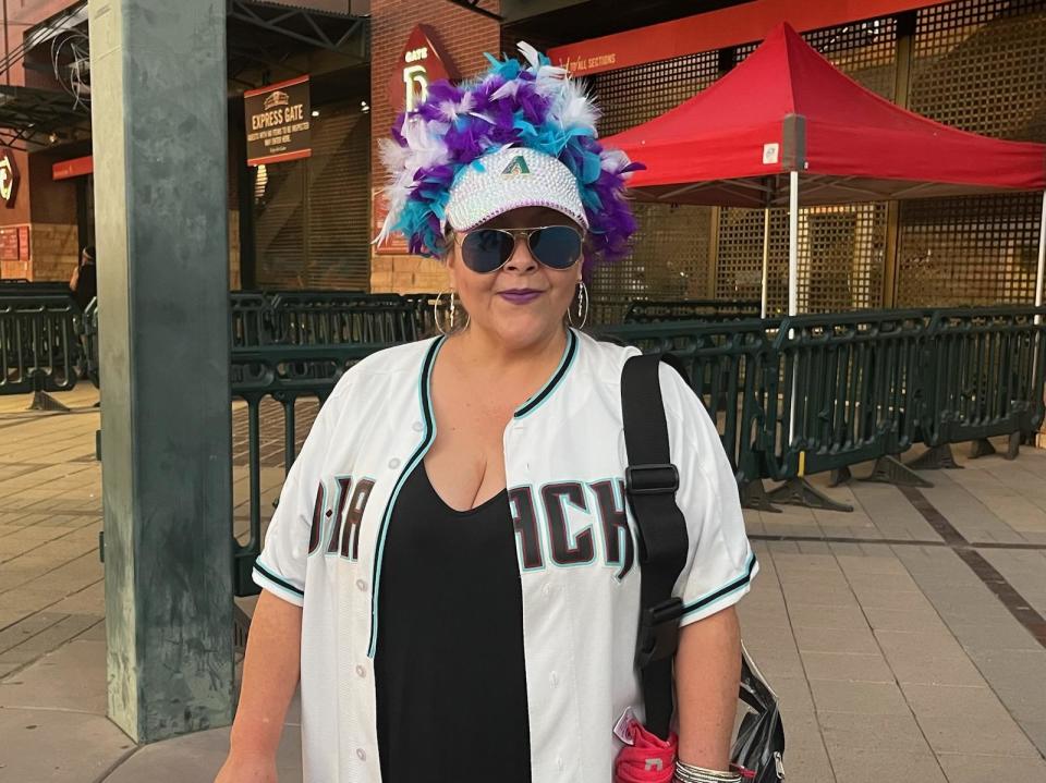 Arizona Diamondbacks fan Pamela Qandil gets into the spirit before the DBacks-Philadelphia Phillies Game 4 at Chase Field in Phoenix on Oct. 20, 2023.