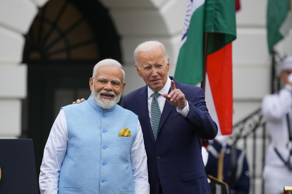 President Joe Biden welcomes Narendra Modi, the Prime Minister of India, during a state visit at the White House.