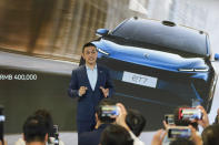 Founder and CEO of the electric car manufacturer Nio, William Li speaks during a press conference at the opening China Auto Show in Beijing, China, Thursday, April 25, 2024. (AP Photo/Tatan Syuflana)