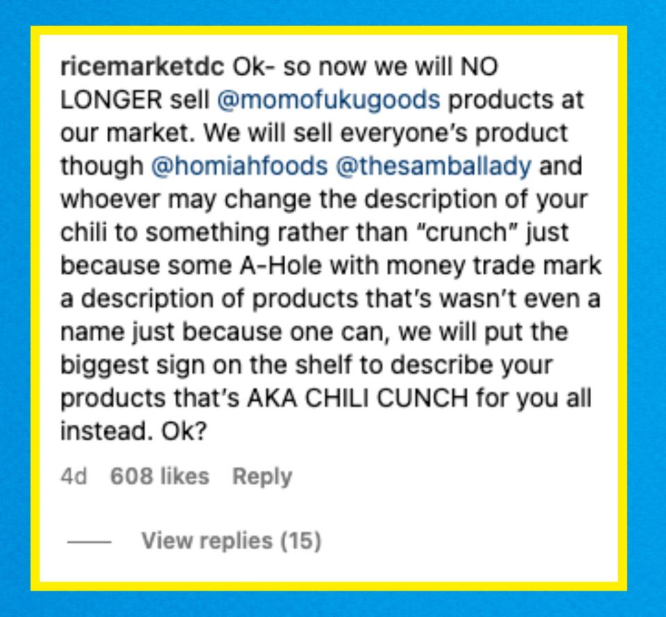 Summary text of an Instagram comment about an Asian grocer no longer offering Momofuku products