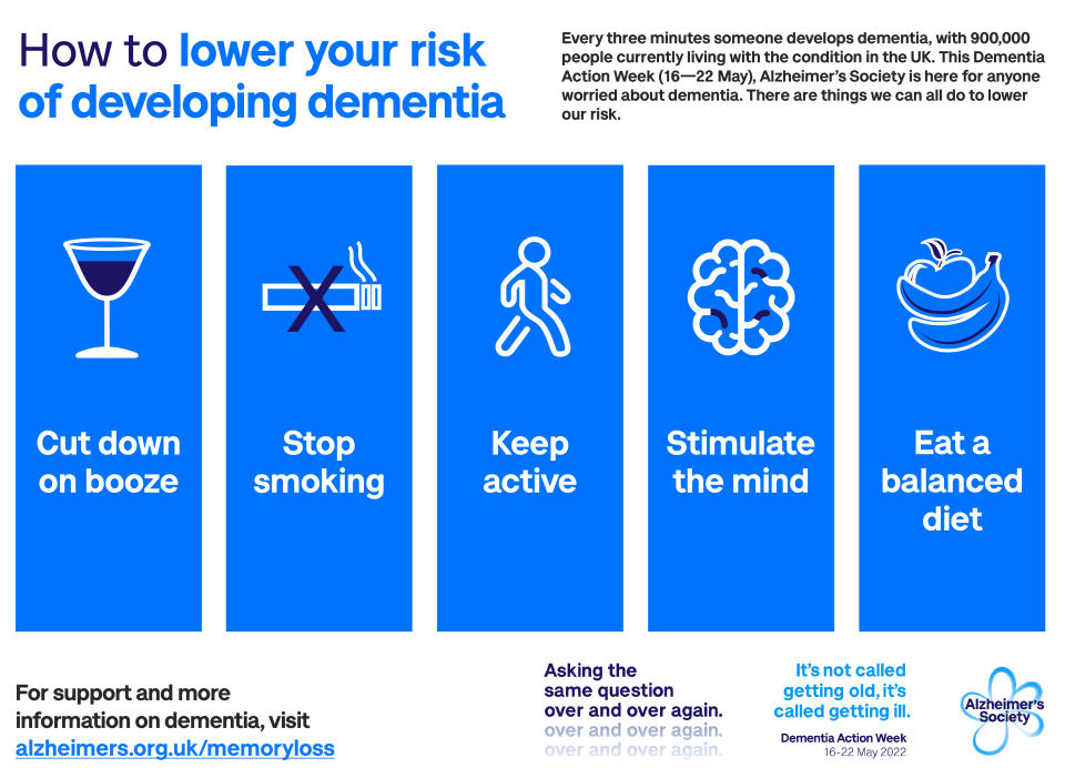 While it's important to see a GP about symptoms, certain lifestyle changes can also help lower your risk of experiencing them in the first place. (Alzheimer's Society)