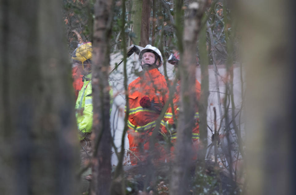 Emergency services near Black Wood in Woolton, Liverpool, attending to a dog walker who has been seriously injured by a falling tree.