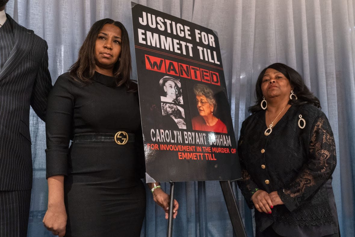 Priscilla Sterling, left, of Jackson, Miss., and Anna Laura Cush Williams, right, of Port Gibson, Miss., both cousins of Emmett Till, attend a news conference, Feb. 16, 2023, in Washington about their hope to have a 1955 arrest warrant served on Carolyn Bryant Donham in the kidnapping that led to Till’s brutal lynching. (AP Photo/Jacquelyn Martin, File)