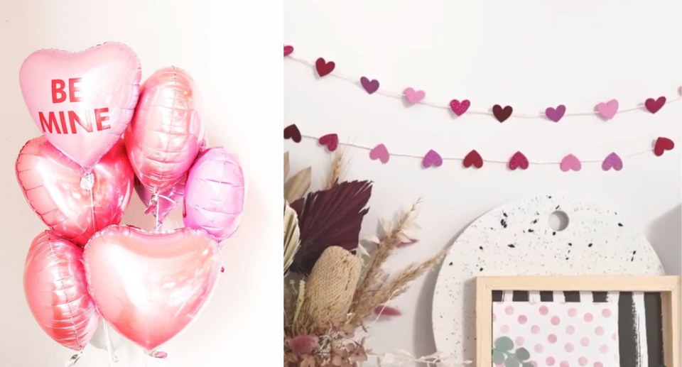 Images of balloon love hearts in pink and a wall decorated with hearts from cricut
