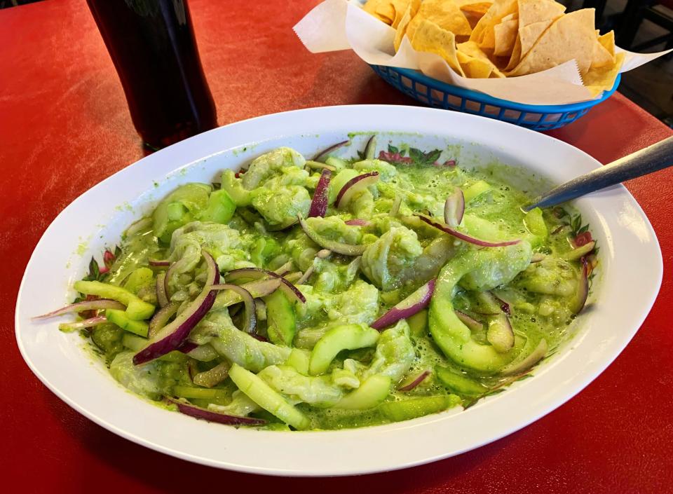 Mariscos Fili serves an aguachile verde with green sauce that comes from jalapenos.