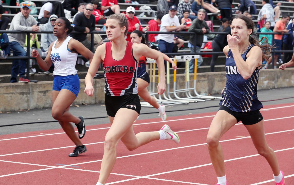 Somers' Haylie Donovan on her way to winning the girls 200 Meter Dash at the annual Gold Rush Invitational track and field meet at Clarkstown South High School in West Nyack Aril 27, 2024.