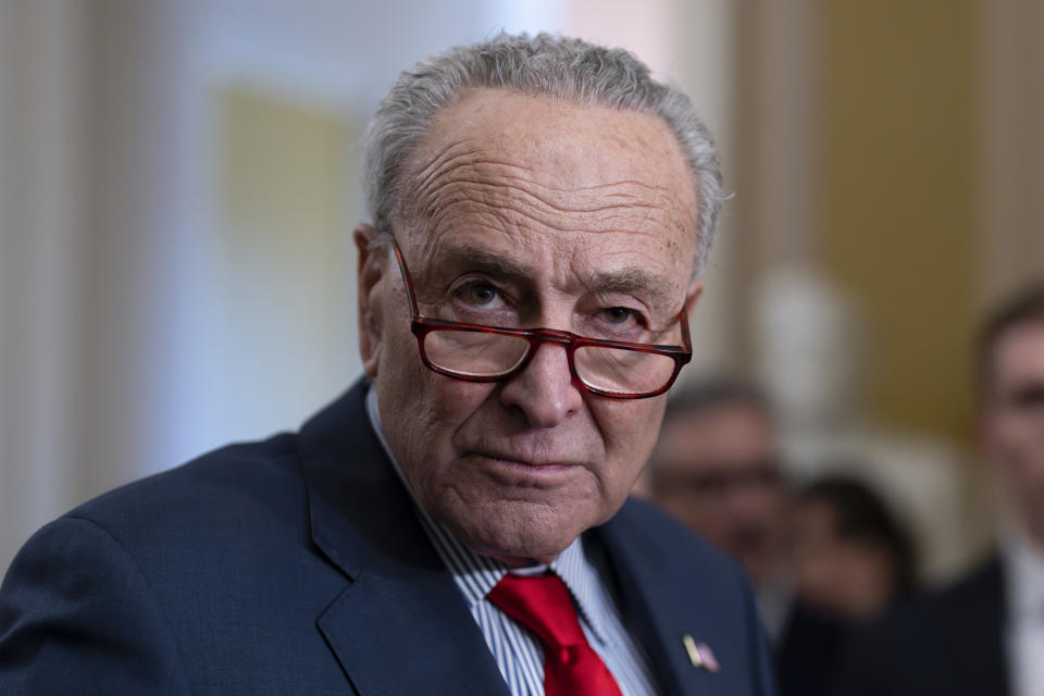 FILE - Senate Majority Leader Chuck Schumer, D-N.Y., speaks to reporters at the Capitol in Washington, March 12, 2024. Schumer is calling on Israel to hold new elections. Schumer says he believes Israeli Prime Minister Benjamin Netanyahu has “lost his way” amid the Israeli bombardment of Gaza and a growing humanitarian crisis there. Schumer is the first Jewish majority leader in the Senate and the highest-ranking Jewish official in the U.S.. (AP Photo/J. Scott Applewhite, File)