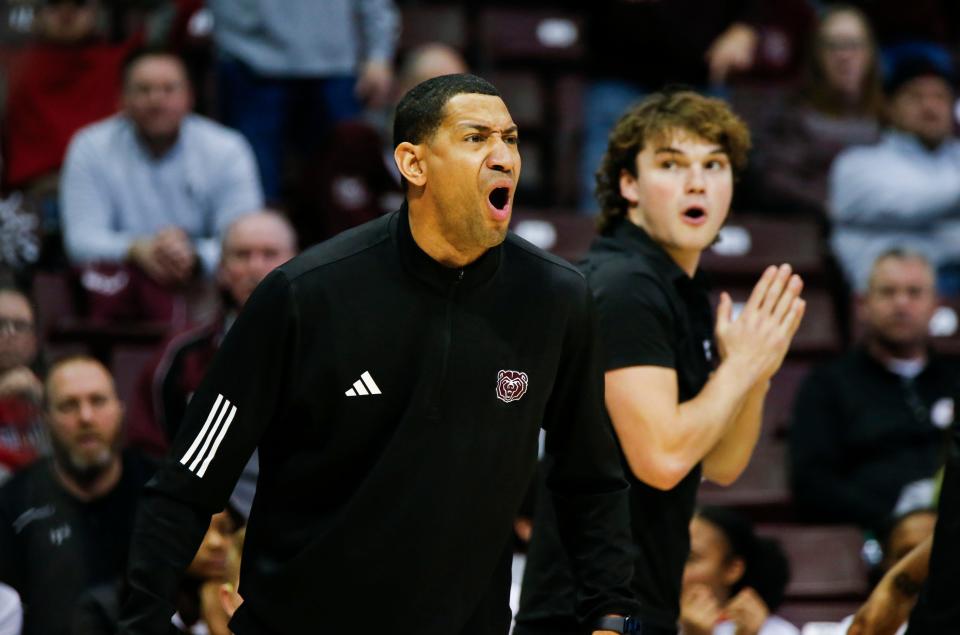 Missouri State Bears Head Coach Dana Ford reacts to a call as the Bears took on the Indiana State Sycamores at Great Southern Bank Arena on Saturday, Feb. 10, 2024.