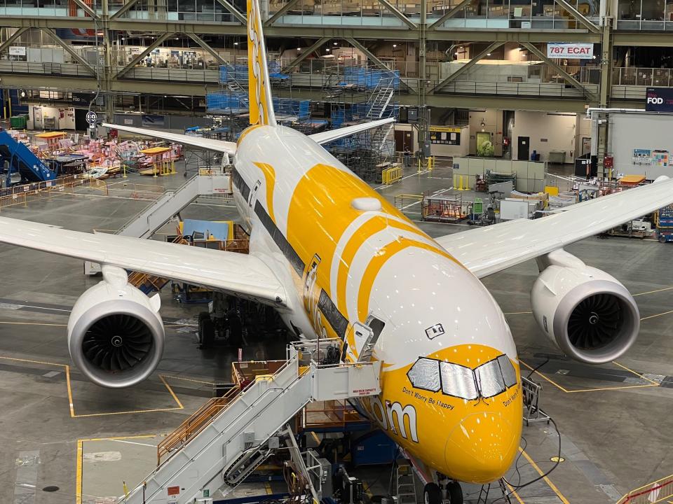 Boeing 787s sit in Boeing's assembly line in Washington in June 2022.