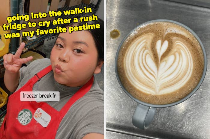 The author is throwing up a peace sign as she's taking a break in the walk-in fridge. The caption reads, "Going into the walk-in fridge to cry after a rush was my favorite pastime." On the right, there's a latte that has a latte art winged-heart