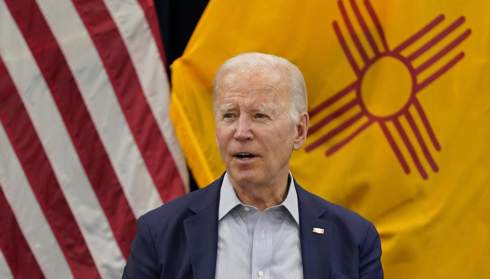 President Joe Biden speaks during a briefing on the New Mexico wildfires at the New Mexico State Emergency Operations Center, Saturday, June 11, 2022, in Santa Fe, N.M. / Credit: Evan Vucci / AP