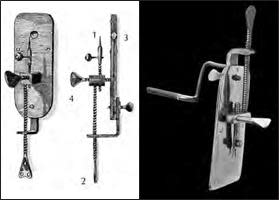 (a) A schematic depicting one of Leeuwenhoek's early microscopes showing (1) the sample pin, (2) the main screw (3) the lens, and (4) the focus adjusting knob.(b) One of Leeuwenhoek's actual microscopes, mounted on a brass plate. / Credit: Scribner