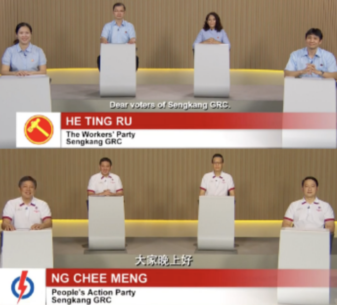 The Workers' Party and People's Action Party teams for Sengkang GRC in GE2020 at a constituency political broadcast on 7 July 2020. (SCREENSHOTS: Mediacorp/YouTube)