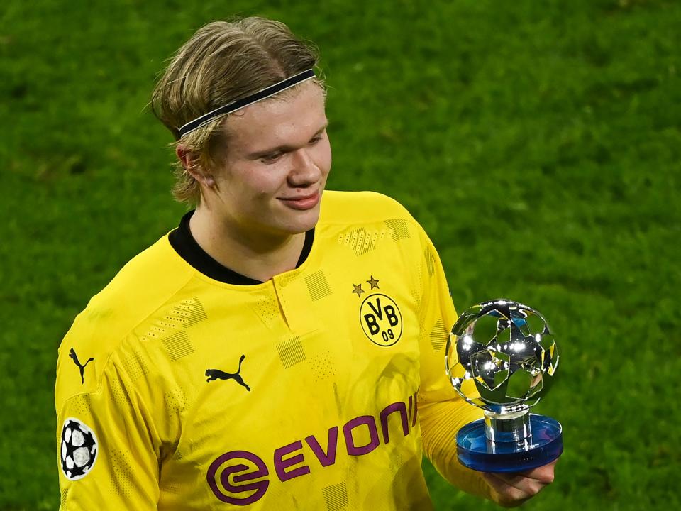 Dortmund's forward Erling Braut Haaland holds his 