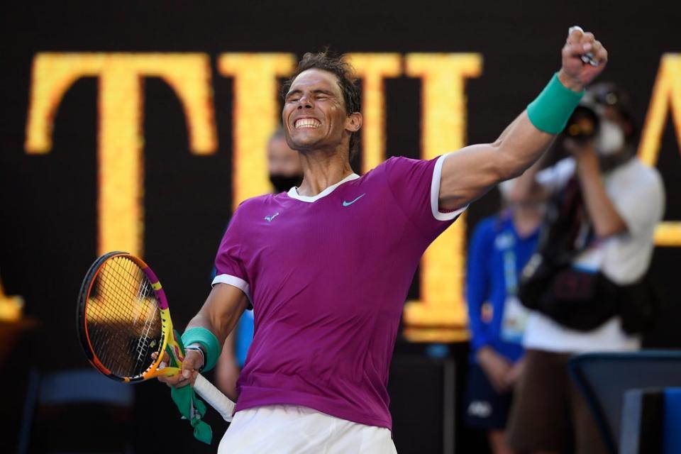 Rafael Nadal punches the air after beating Denis Shapovalov (Andy Brownbill/AP) (AP)