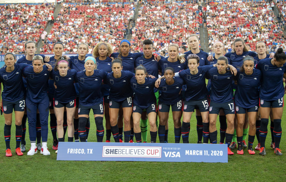 The United States Women's National Team poses for a team photo before a SheBelieves Cup women's soccer match against Japan, Wednesday, March 11, 2020 at Toyota Stadium in Frisco, Texas. (AP Photo/Jeffrey McWhorter)