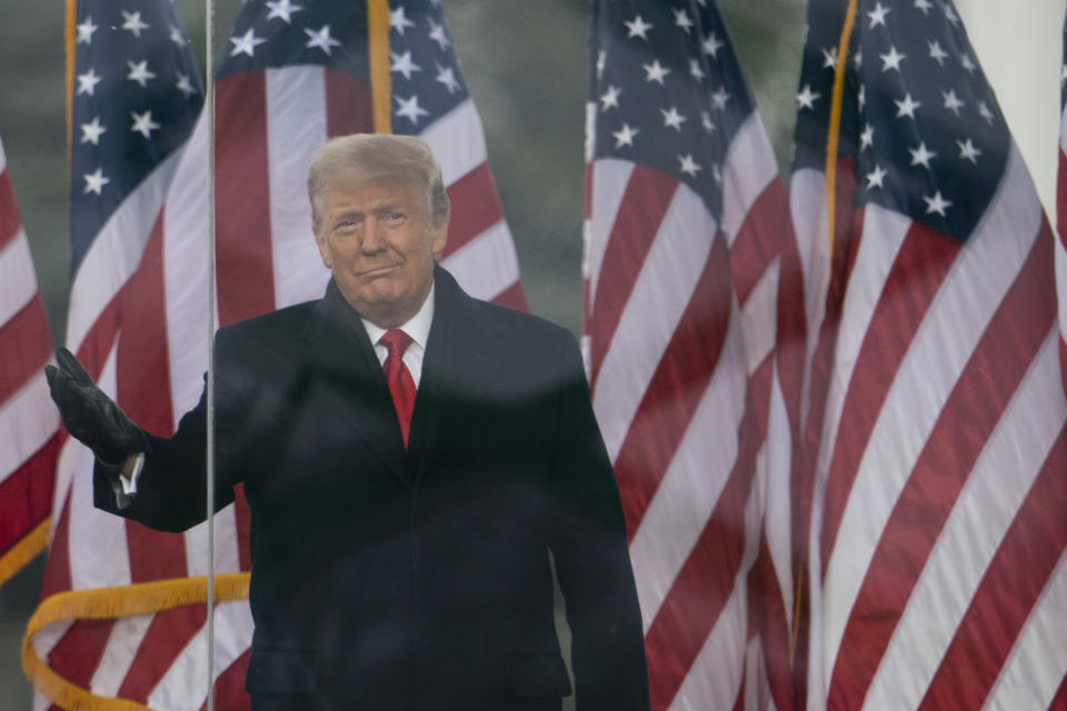 President Donald Trump arrives to speak at a rally protesting the electoral college certification of Joe Biden as President, Wednesday, Jan. 6, 2021, in Washington. (AP Photo/Evan Vucci)