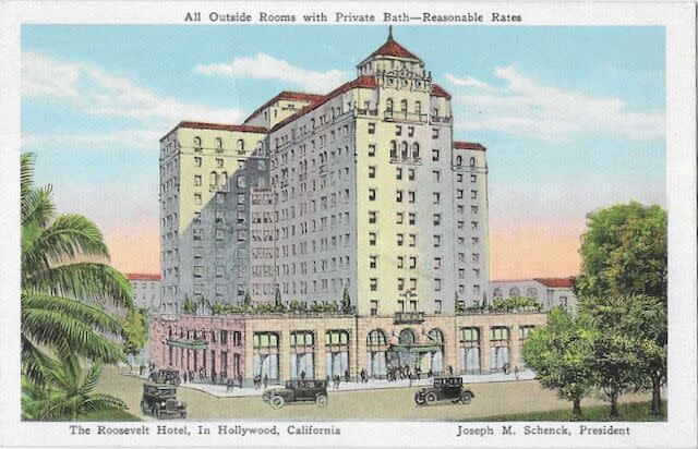 A large hotel building. Text: All outside rooms with private bath -- reasonable rates. Joseph M. Schenck, President