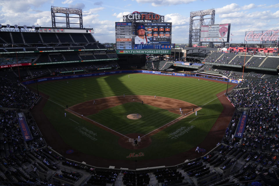 New York Mets' Daniel Vogelbach comes up to bat during the fourth inning of the second baseball game of a doubleheader against the Atlanta Braves at Citi Field, Monday, May 1, 2023, in New York. (AP Photo/Seth Wenig)