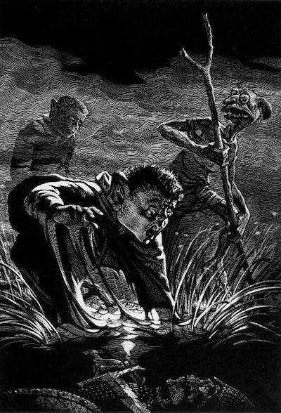 <em>Frodo y Sam cruzando la Ciénaga de los Muertos con la guía de Gollum</em>, por Alexander Korotich. <a href="https://commons.wikimedia.org/wiki/File:Frodo_and_Sam_guided_by_Gollum_through_the_Dead_Marshes_by_Alexander_Korotich.jpg" rel="nofollow noopener" target="_blank" data-ylk="slk:Wikimedia Commons;elm:context_link;itc:0;sec:content-canvas" class="link ">Wikimedia Commons</a>, <a href="http://creativecommons.org/licenses/by-sa/4.0/" rel="nofollow noopener" target="_blank" data-ylk="slk:CC BY-SA;elm:context_link;itc:0;sec:content-canvas" class="link ">CC BY-SA</a>