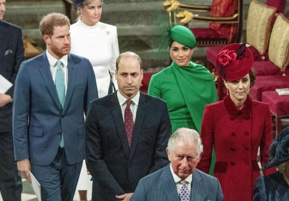 FILE - In this file photo dated Monday March 9, 2020, from back, Britain's Prince Harry and Meghan Duchess of Sussex, Prince William and Kate, Duchess of Cambridge, with Prince Charles, front, as the family members leave the annual Commonwealth Service at Westminster Abbey in London. Prince Charles has been preparing for the crown his entire life. Prince Harry has said he wants to have his father and brother back and that he wants “a family, not an institution,” during a TV interview ahead of the publication of his memoir. The interview with Britain’s ITV channel is due to be released this Sunday. (Phil Harris/Pool via AP, File)