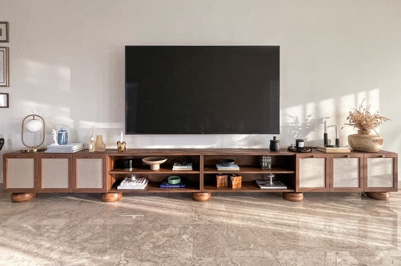 Media console created using Ikea Billy console and H&M wooden bowls.