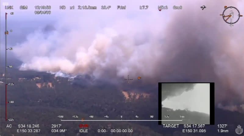 Aerial view shows the Green Wattle Creek fire crossed the railway line near Balmoral, in Wollondilly, New South Wales