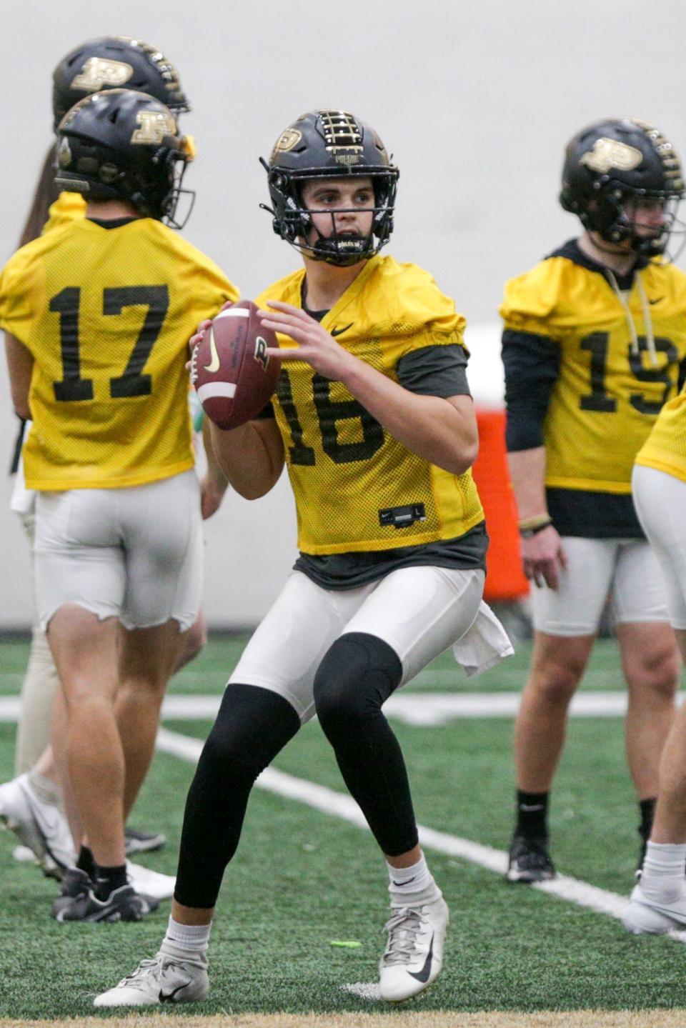 Purdue quarterback Aidan O'Connell (16) during a practice, Monday, Feb. 28, 2022 at Mollenkopf Athletic Center in West Lafayette.