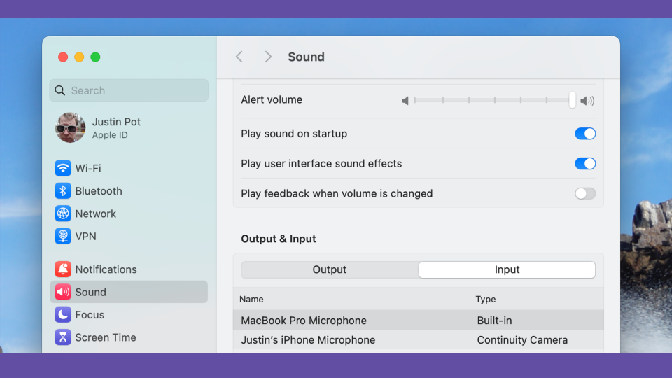 Mac audio input settings showing how to setup an iPhone as a microphone. 