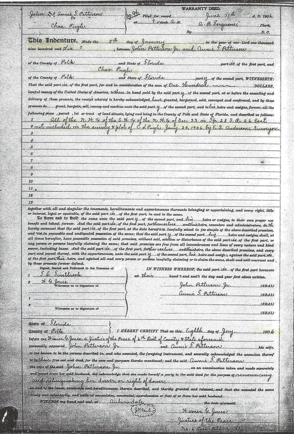 Charles Pugh's property deed from 1906. Pugh is the namesake of Pughsville a historically black community in Winter Haven.