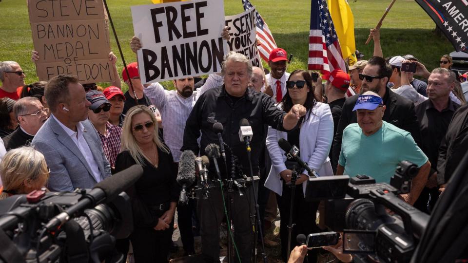 PHOTO: Steve Bannon speaks outside Danbury Federal Correctional Institution with Rep. Marjorie Taylor-Green, July 1, 2024, in Danbury, Conn.  (Yuki Iwamura/AFP via Getty Images)