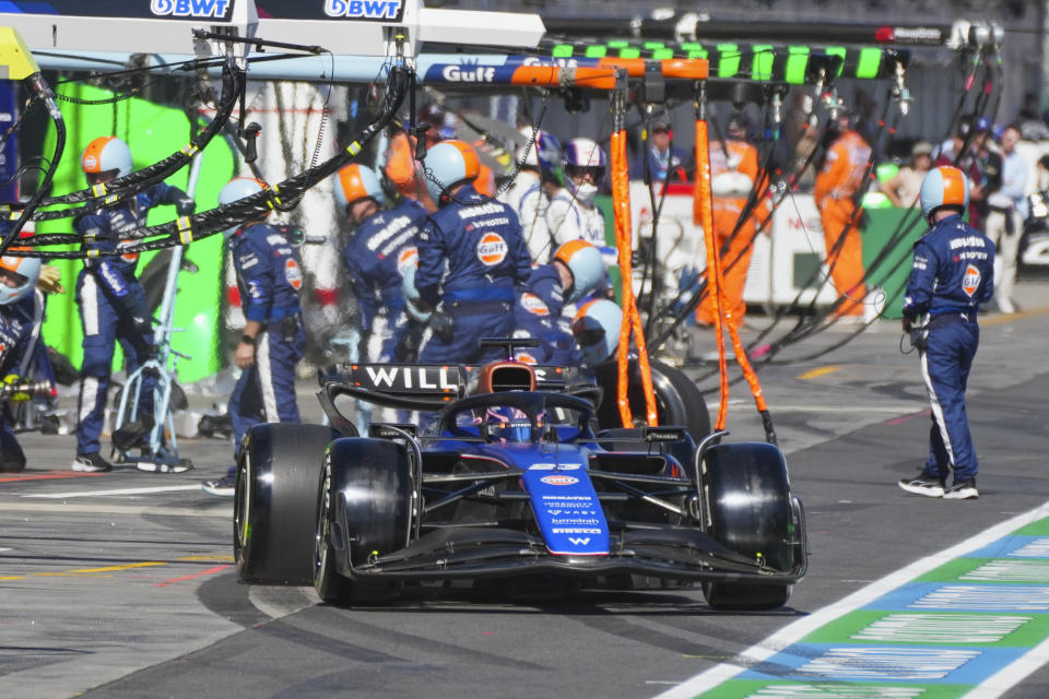 Williams driver Alexander Albon of Thailand steers his car out of pit lane during the Australian Formula One Grand Prix at Albert Park, in Melbourne, Australia, Sunday, March 24, 2024. (AP Photo/Scott Barbour,Pool)