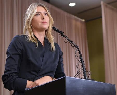 Mar 7, 2016; Los Angeles, CA, USA; Maria Sharapova speaks to the media announcing a failed drug test after the Australian Open during a press conference today at The LA Hotel Downtown. Mandatory Credit: Jayne Kamin-Oncea-USA TODAY Sports