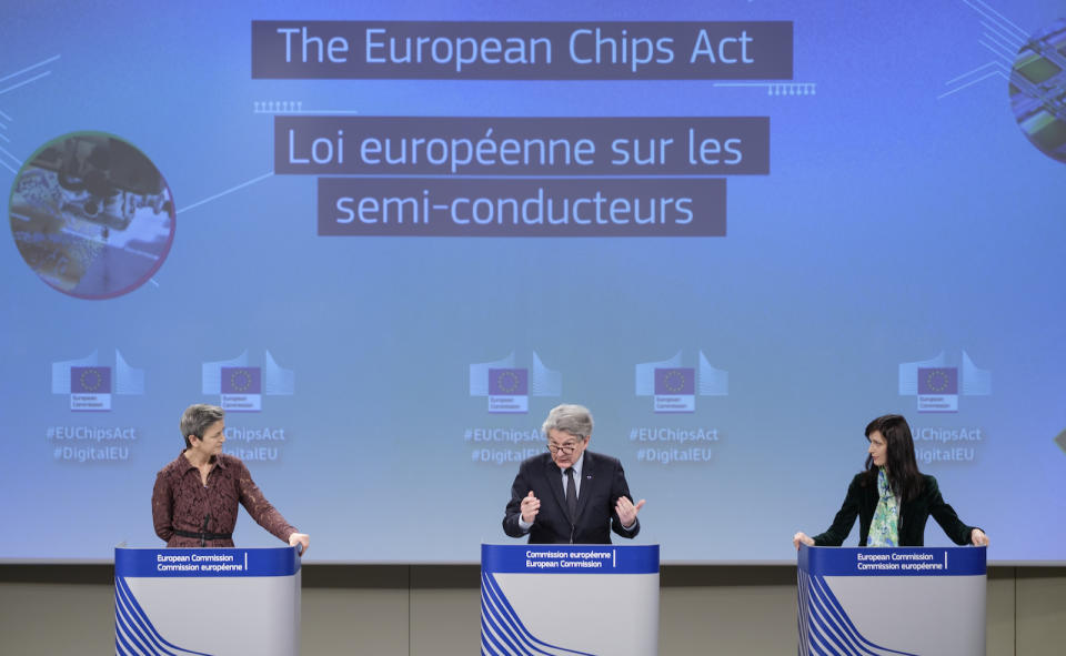 BRUSSELS, BELGIUM - FEBRUARY 7: EU Commissioner for A Europe Fit for the Digital Age - Executive Vice President Margrethe Vestager (L), the EU Commissioner for Internal Market Thierry Breton (C) and the EU Commissioner for Innovation and Youth Mariya Gabriel (R) are talking to media in the Berlaymont, the EU Commission headquarter on February 8, 2022 in Brussels, Belgium. Today, the Commission proposes a comprehensive set of measures, the European Chips Act, to ensure the EUs security of supply, resilience and technological leadership in semiconductor technologies and applications. (Photo by Thierry Monasse/Getty Images) BELGIUM